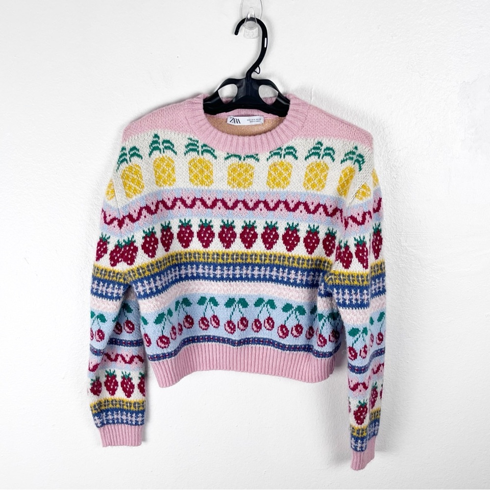 ZARA Multicolored Fruits Print Long Sleeves Jacquard Sweater Size Small